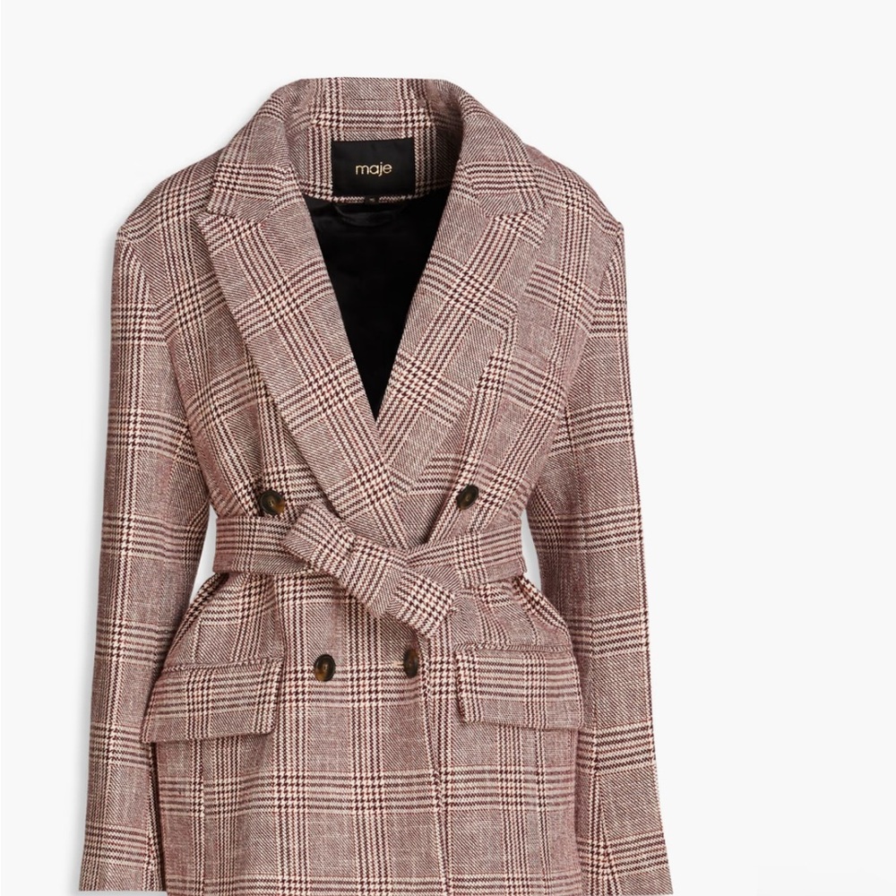 Maje Double-breasted Prince of Wales checked cotton blazer CLR BURG Sz FR40 US 8